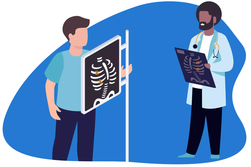 Twee mannen, dokter rechts kijkt naar patiënt